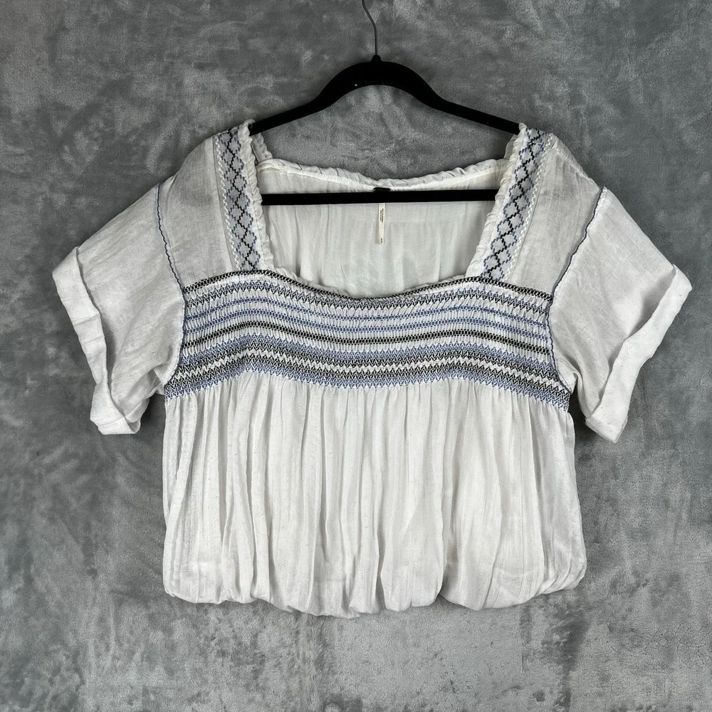 Free People Top Y2k Boho Medium Peasant Embroidered  Ruffle Prairie Crop